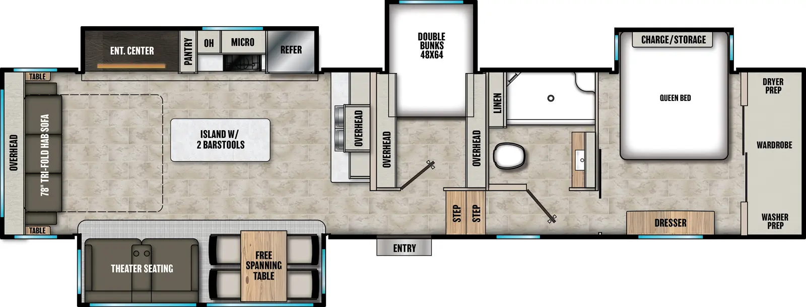 The Phoenix 360BH floorplan has one entry and four slide outs. Exterior features include: fiberglass exterior and 18' awning. Interiors features include: bunk beds, kitchen island, free-standing dinette option, front bedroom and rear living.